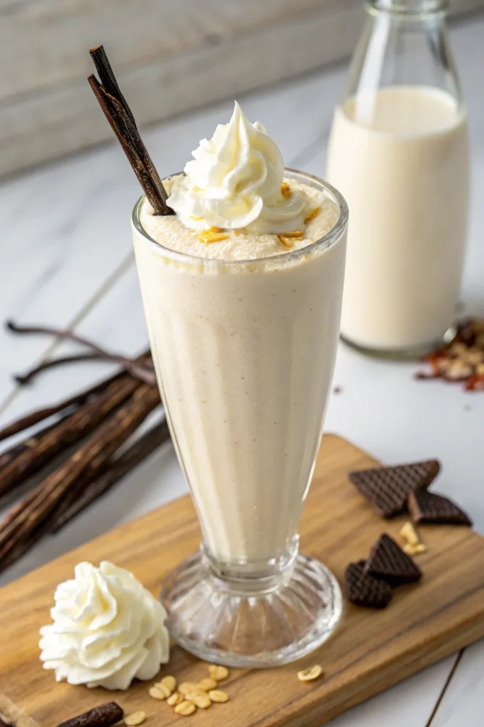 Vanilla protein milkshake recipe with vanilla pod and cream.