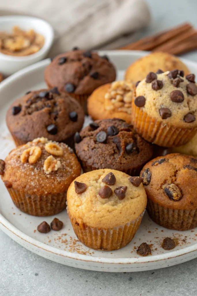 Assorted mini muffins in different flavors.