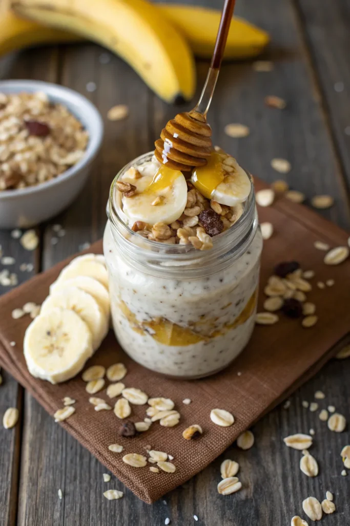 Overnight oats without yogurt topped with banana and granola.