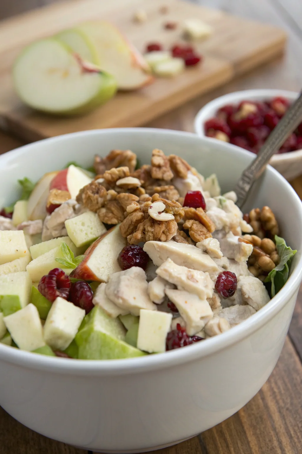 Chicken and Apple Salad with walnuts and cranberries in a bowl