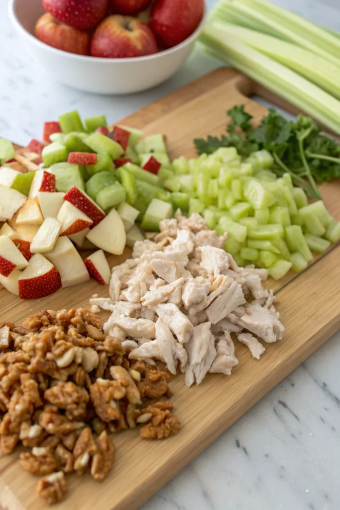 Chopped ingredients for chicken and apple salad on a cutting board