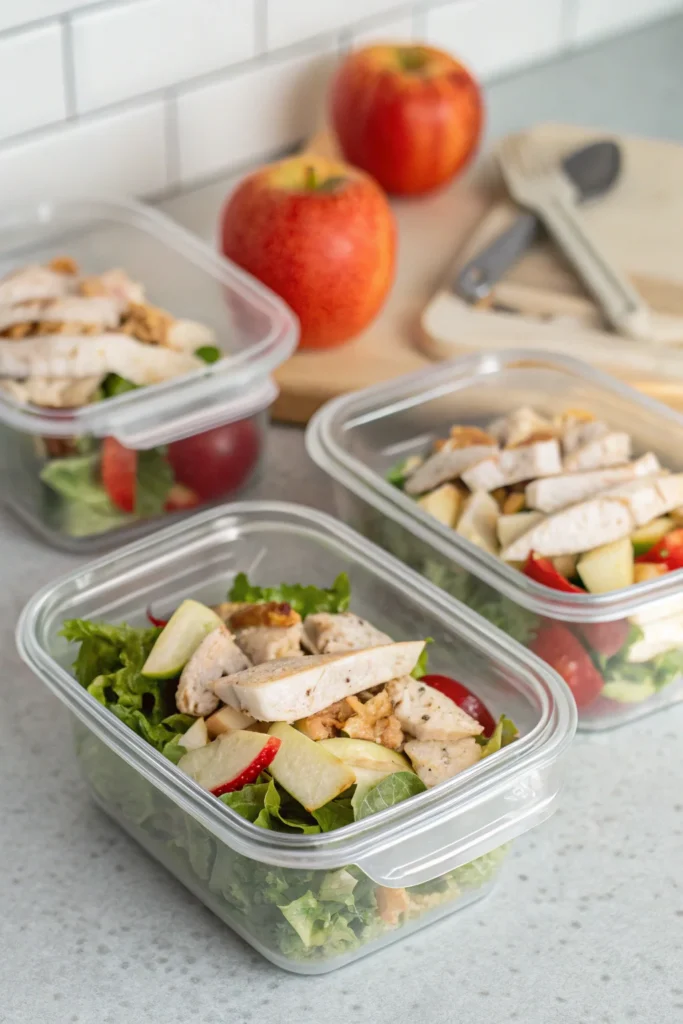 Chicken and apple salad packed in meal prep containers