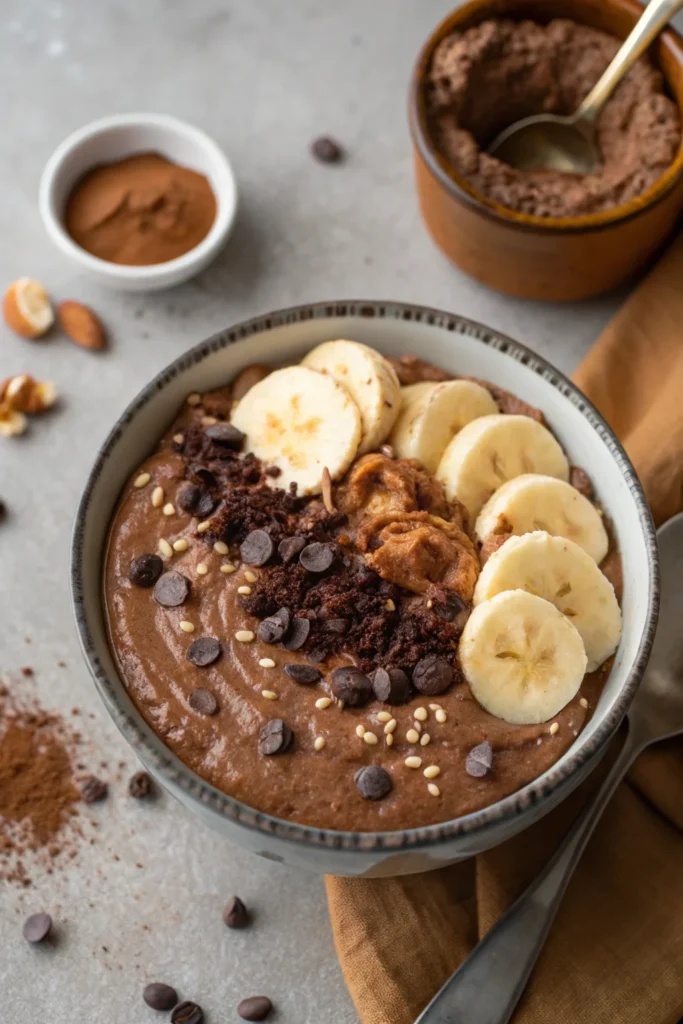 Chocolate protein overnight oats with banana slices