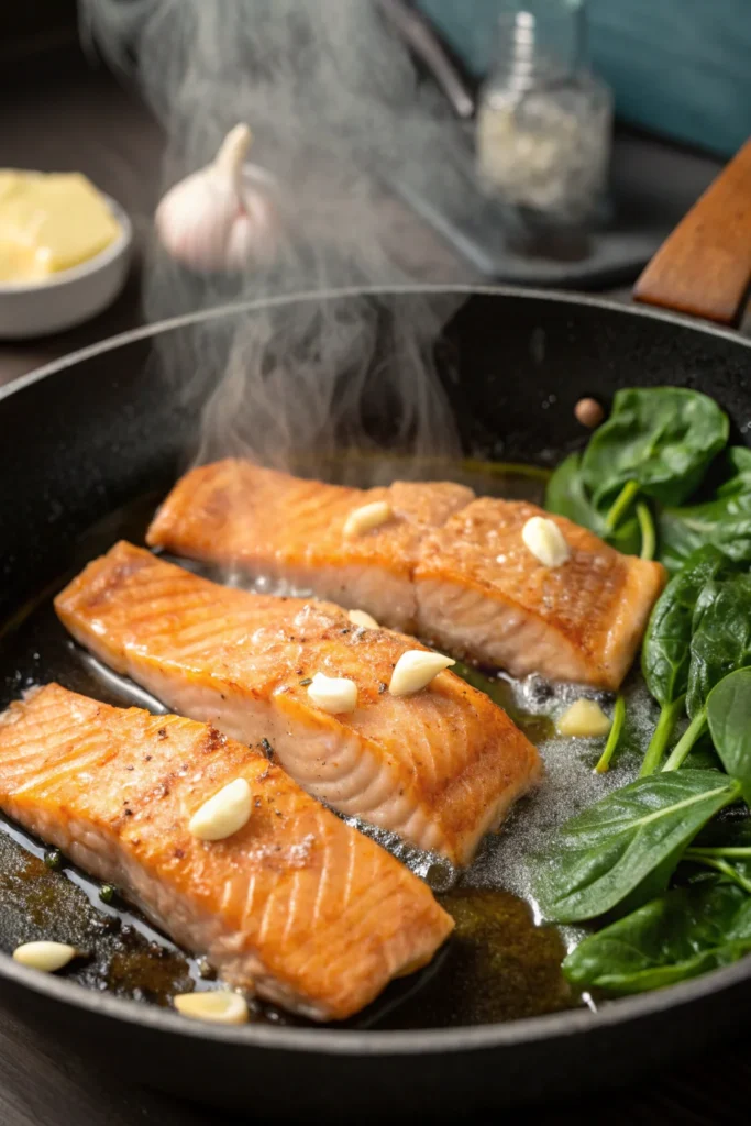 Salmon fillets cooking with garlic butter and spinach.