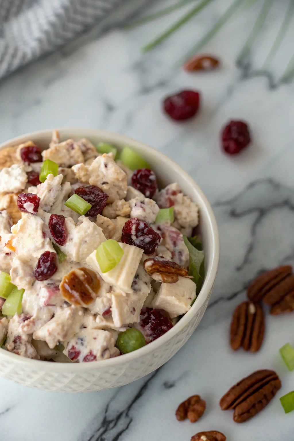 Best cranberry pecan chicken salad with pecans and cranberries.