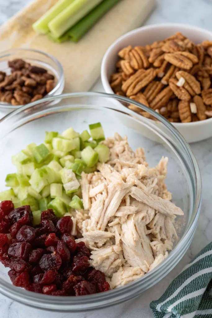 Ingredients for cranberry pecan chicken salad.