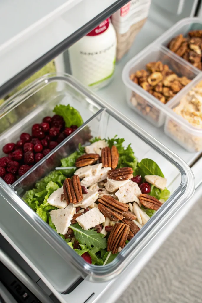 Meal-prepped cranberry pecan chicken salad in a container.