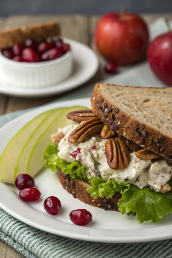 Cranberry pecan chicken salad sandwich on whole-grain bread.