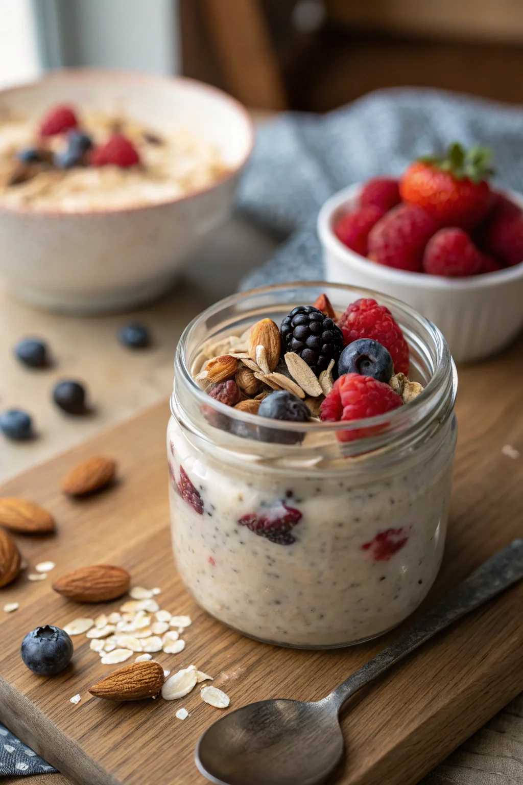 Creamy overnight oats without yogurt in a glass jar.