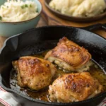 Crispy golden brown pan fried chicken thighs in a skillet