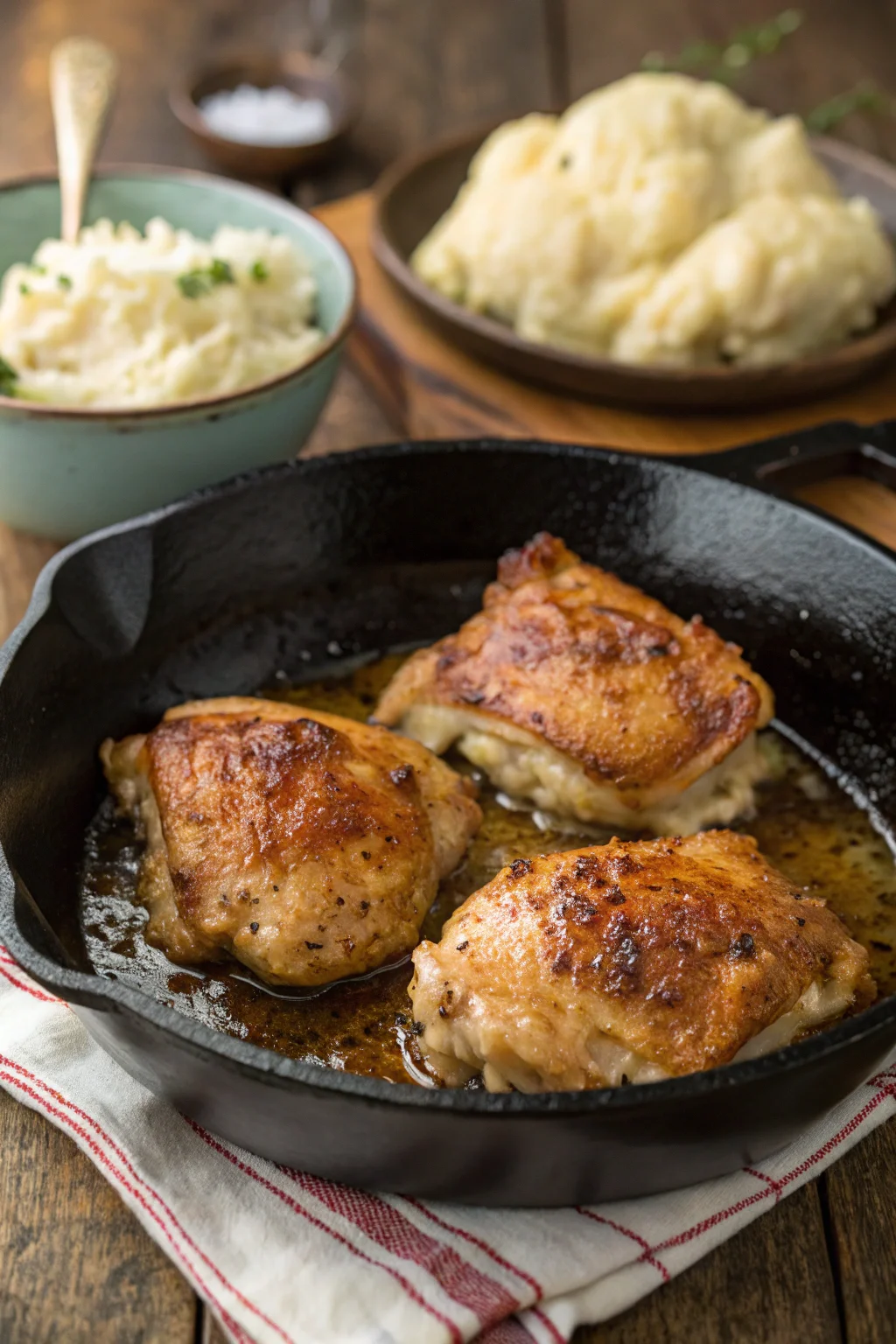 Crispy golden brown pan fried chicken thighs in a skillet