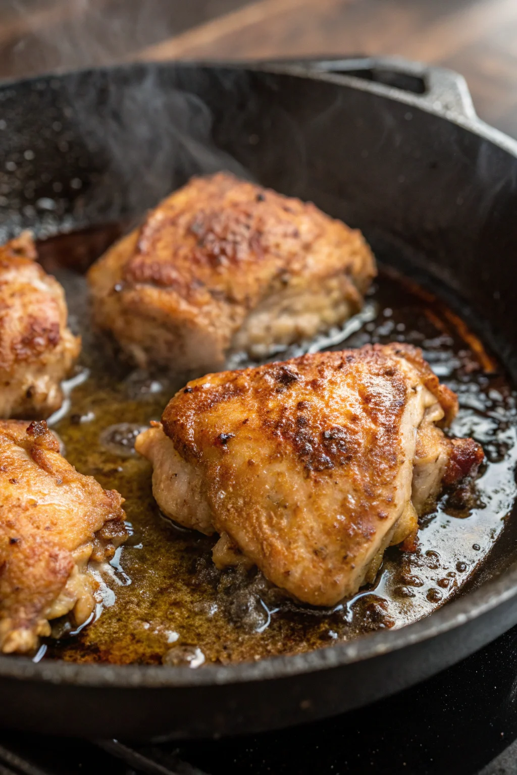 Crispy pan fried chicken thighs in a cast iron skillet.