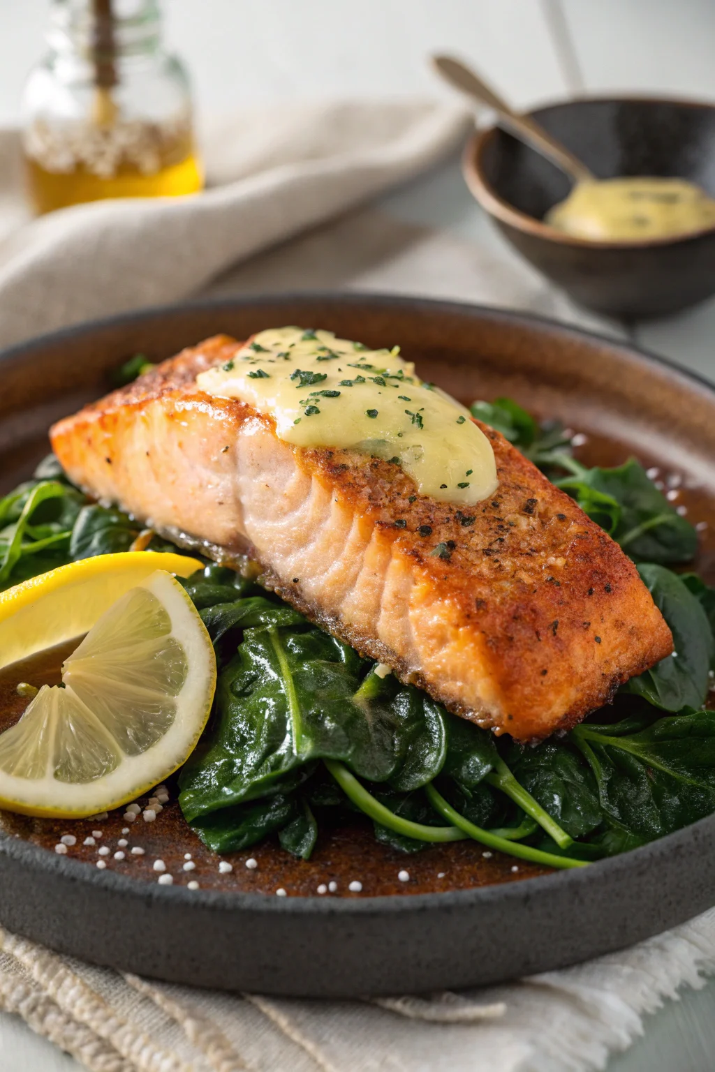 Crispy pan-seared salmon spinach recipe and lemon