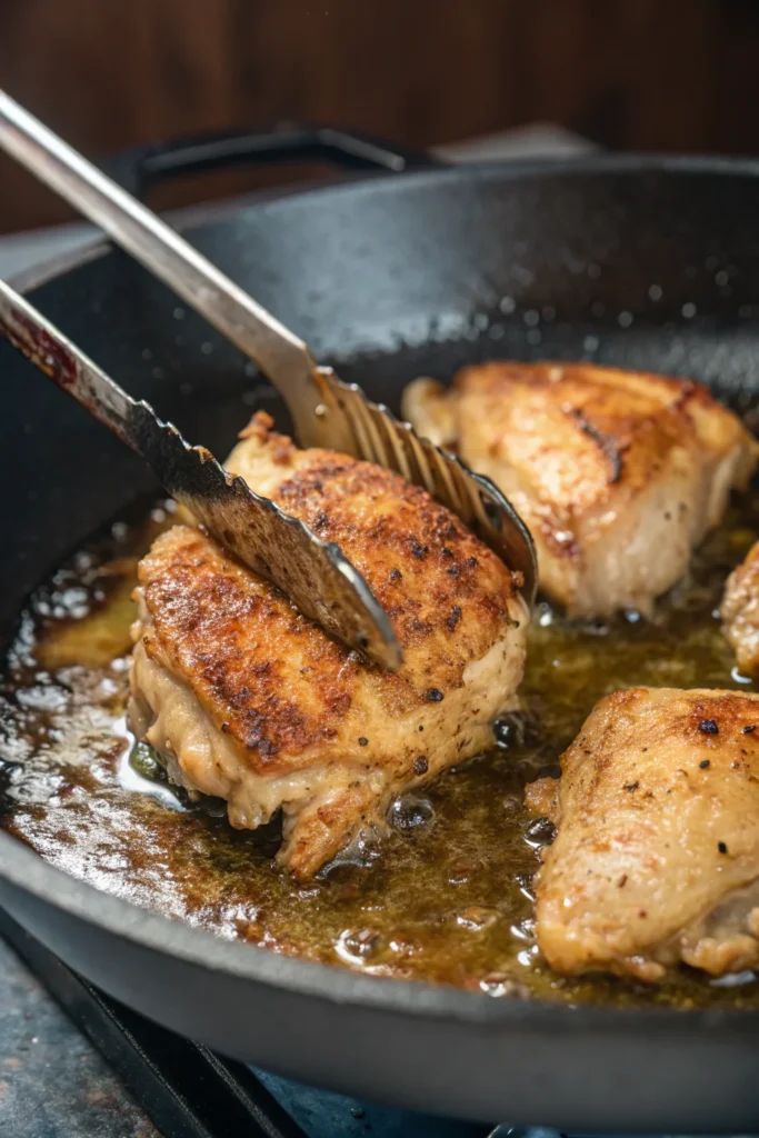 Flipping pan-fried chicken thighs for even cooking.