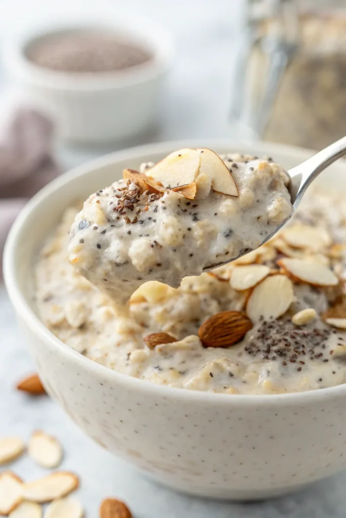 A spoonful of creamy overnight oats with nuts