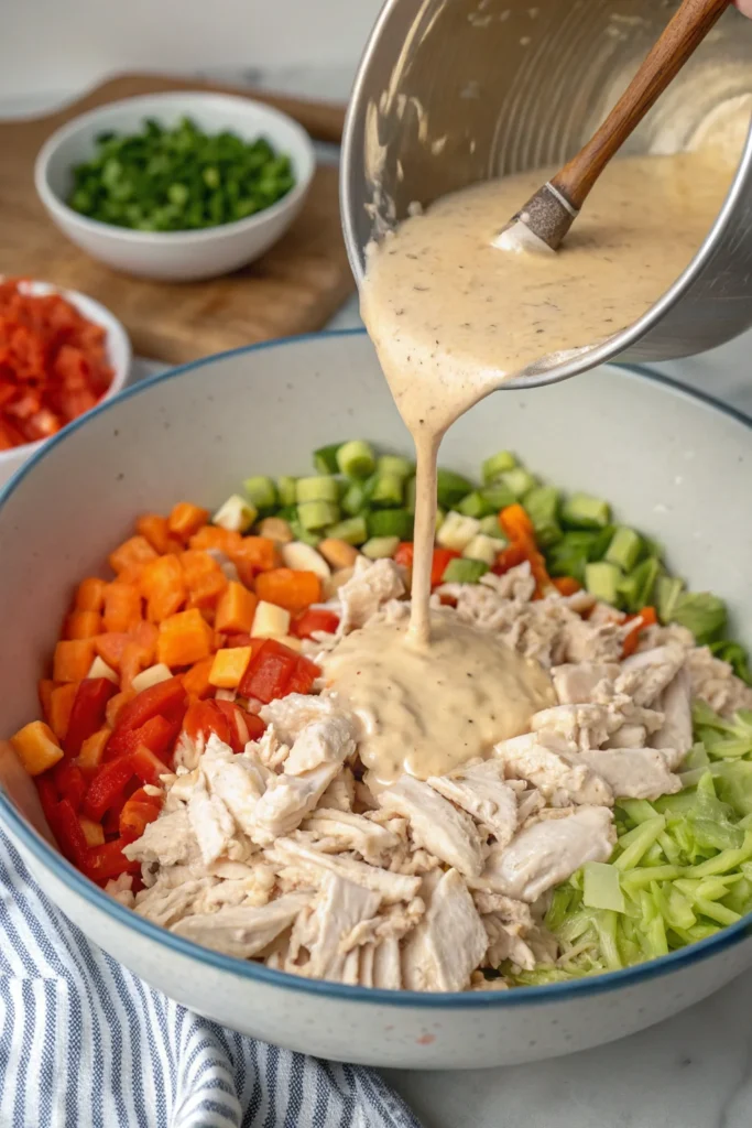 Mixing shredded chicken with vegetables for Mexican Chicken Salad