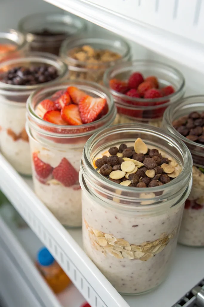 Meal-prepped overnight oats without yogurt stored in jars.