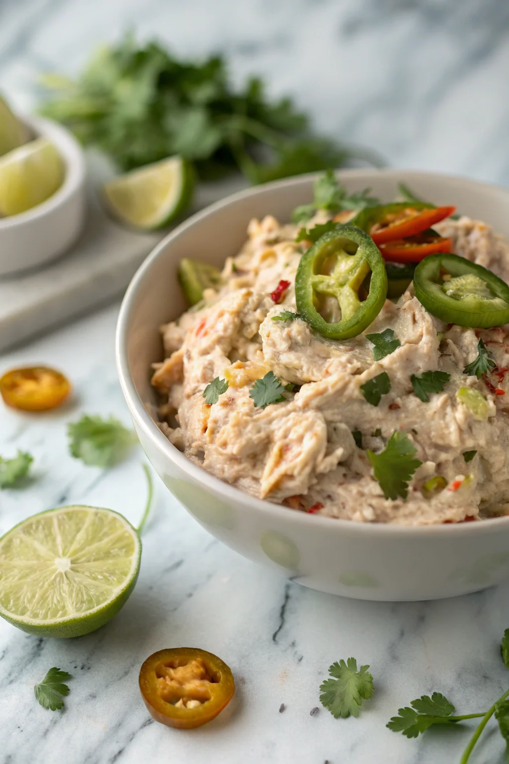 Creamy Mexican Chicken Salad with vegetables and jalapeños