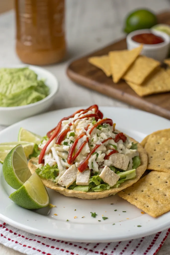 Mexican Chicken Salad served on a tostada with lime wedges