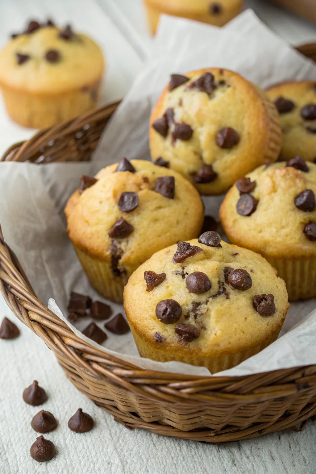 Freshly baked mini chocolate chip muffins with melted chocolate.