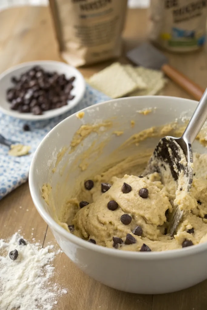 Mini chocolate chip muffin batter being mixed.