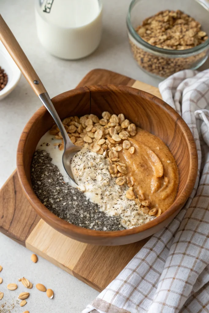 Mixing overnight oats ingredients without yogurt.