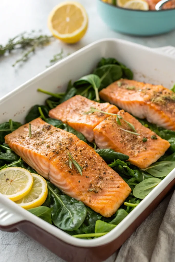 Baked salmon fillets with fresh spinach and lemon.