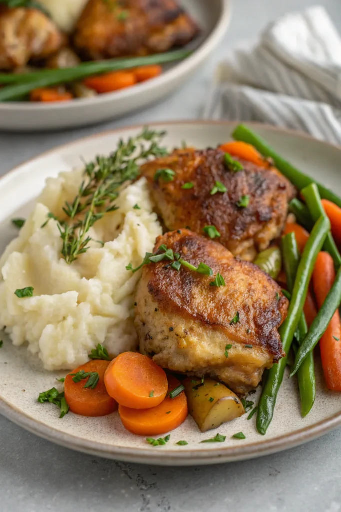 Pan fried chicken thighs served with mashed potatoes and vegetables.