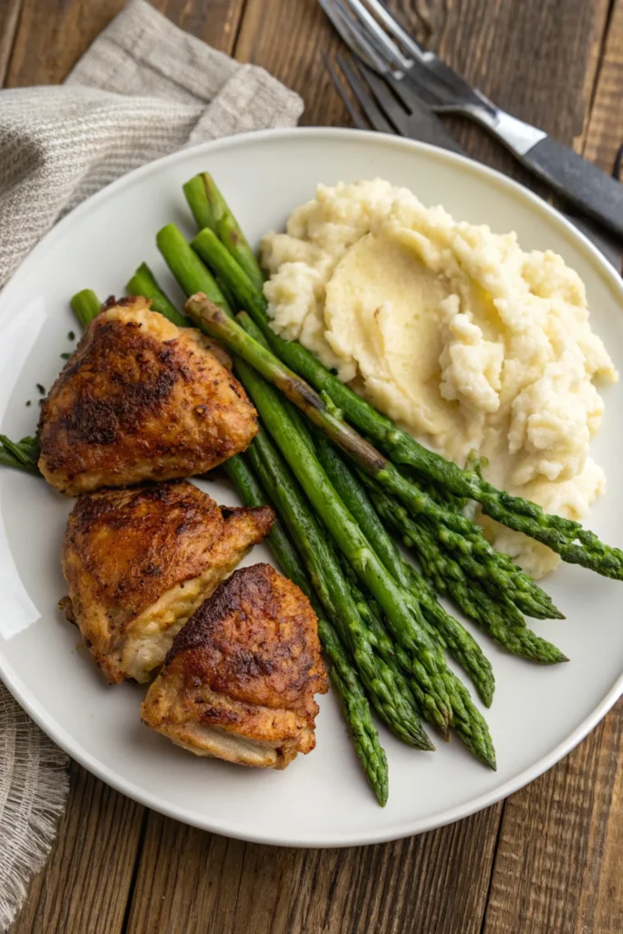 Pan fried chicken thighs served with mashed potatoes and asparagus