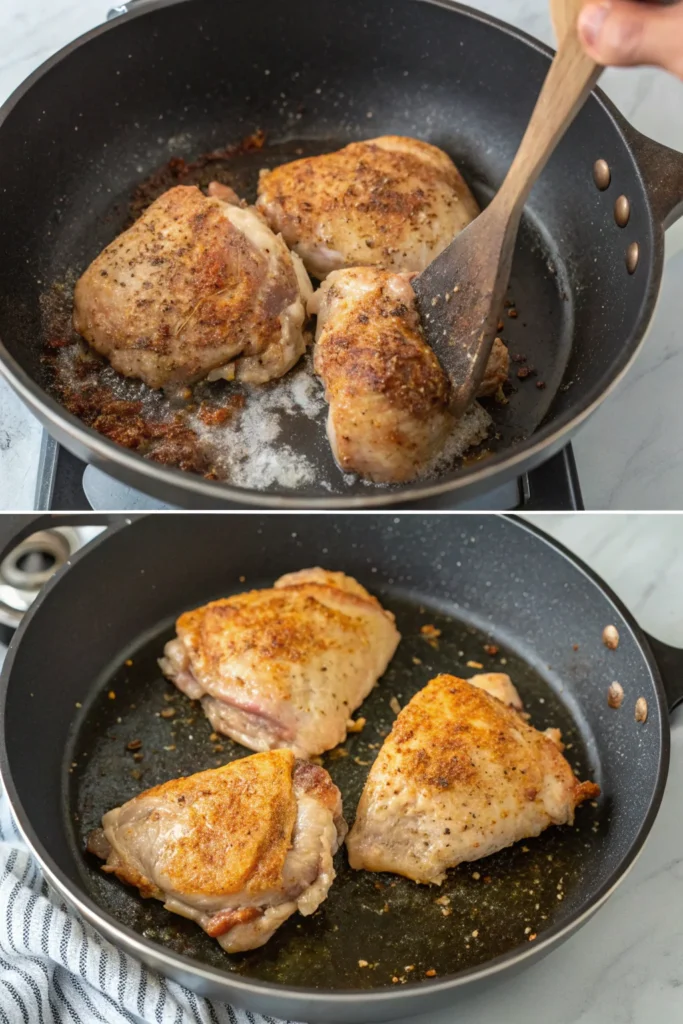 Chicken thighs being cooked in a pan, from raw to crispy