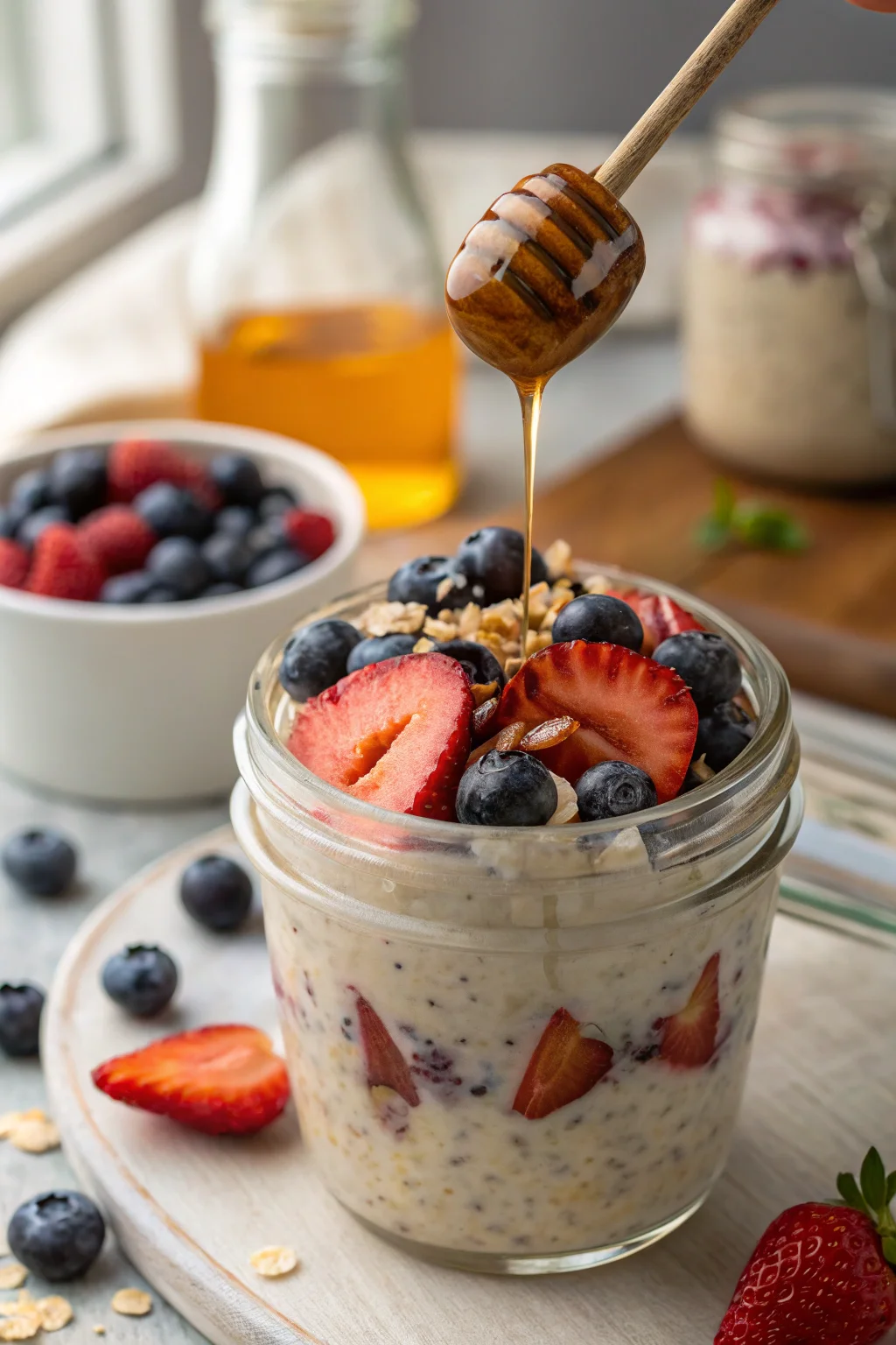 Protein overnight oats recipe in a jar with fresh berries