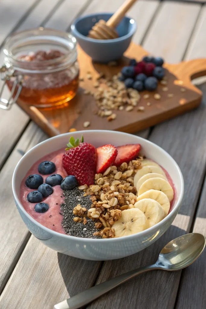 Strawberry blueberry banana smoothie bowl with toppings