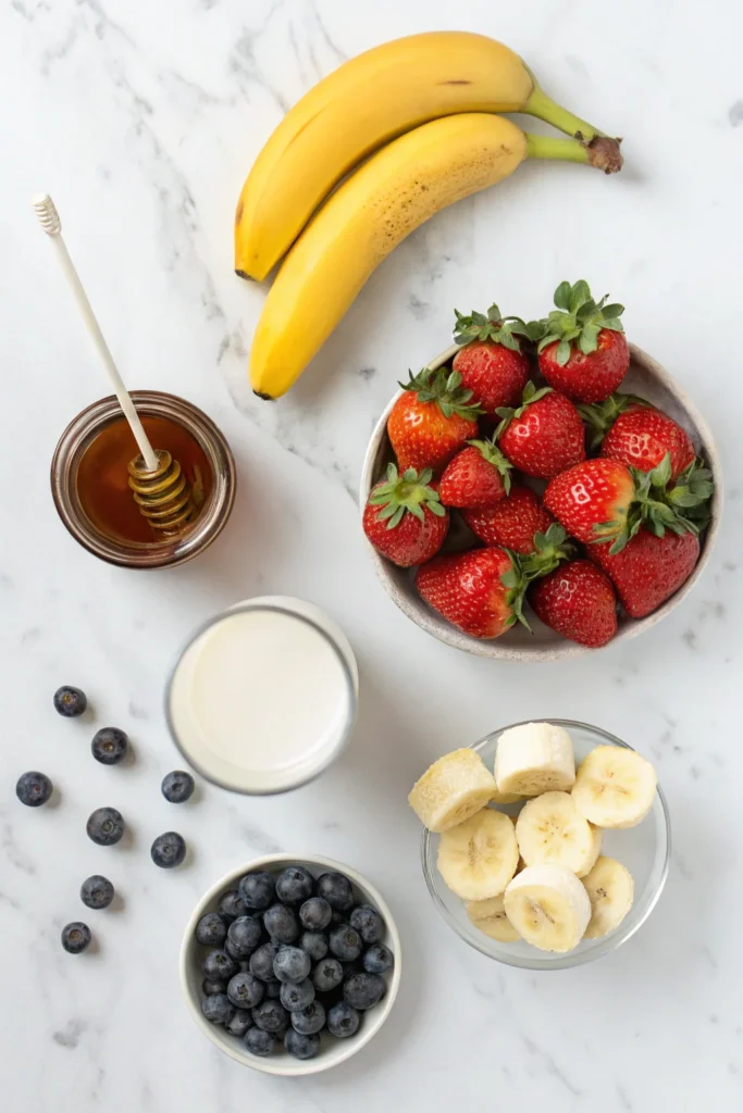 Fresh ingredients for a strawberry blueberry banana smoothie