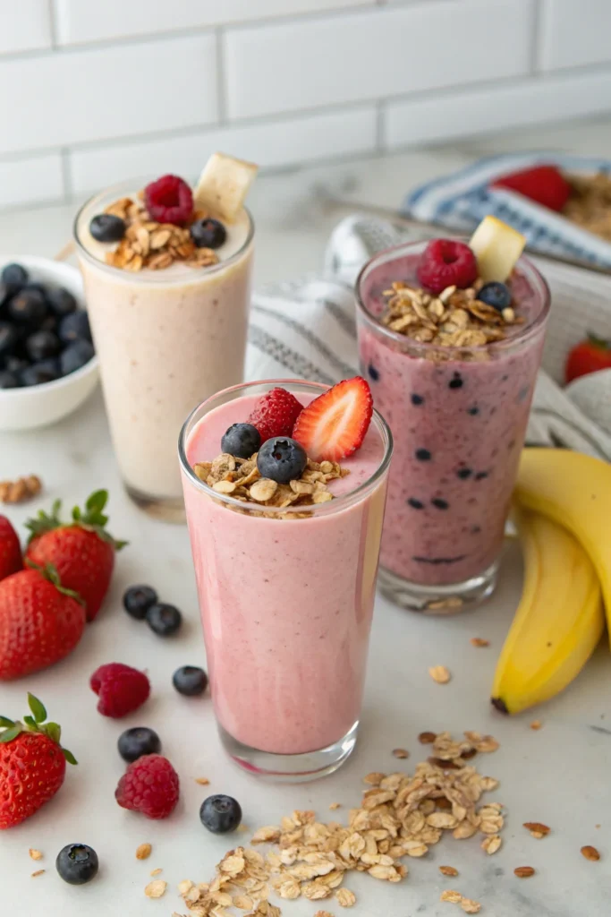 Different variations of strawberry blueberry banana smoothies