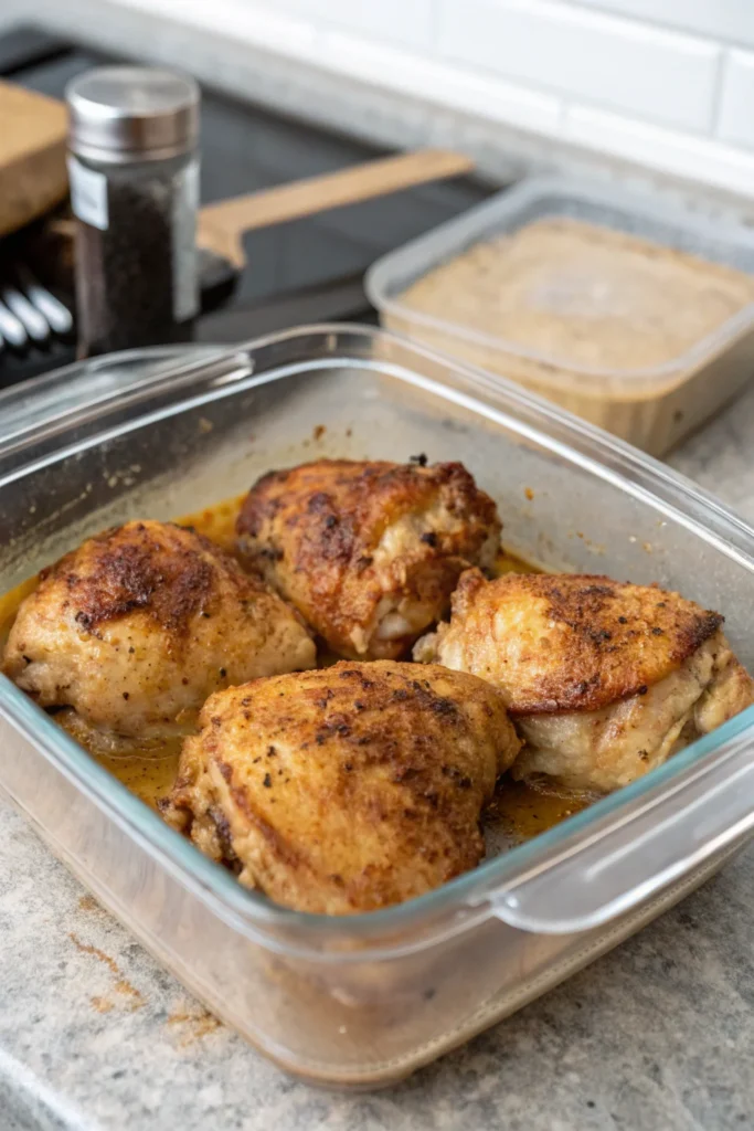 How to store leftover pan-fried chicken thighs properly.