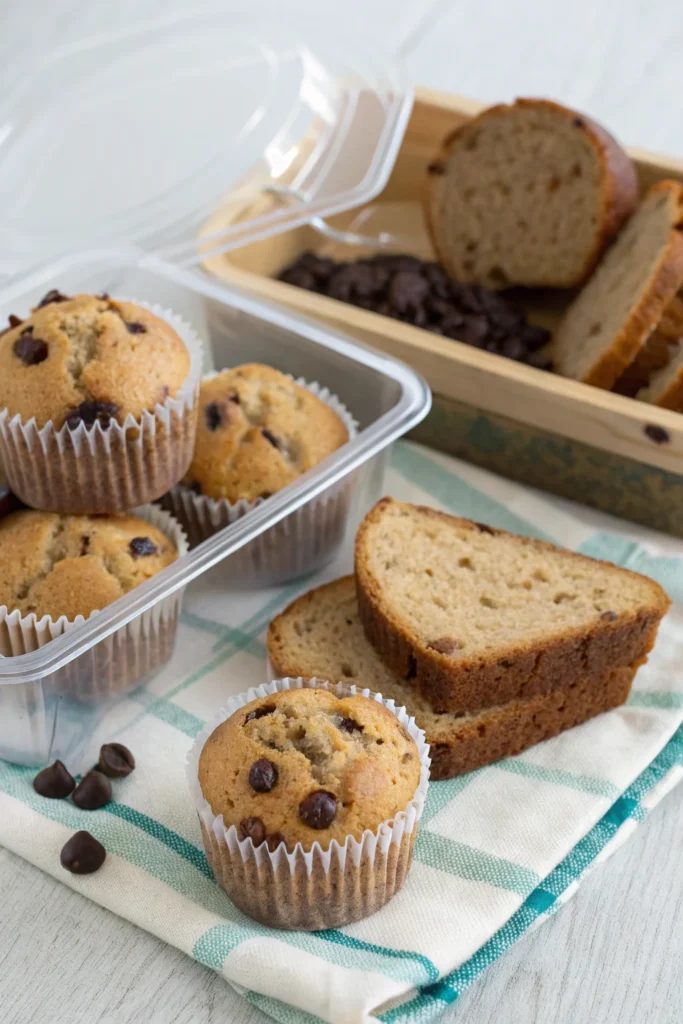 Stored mini chocolate chip muffins with a slice of bread