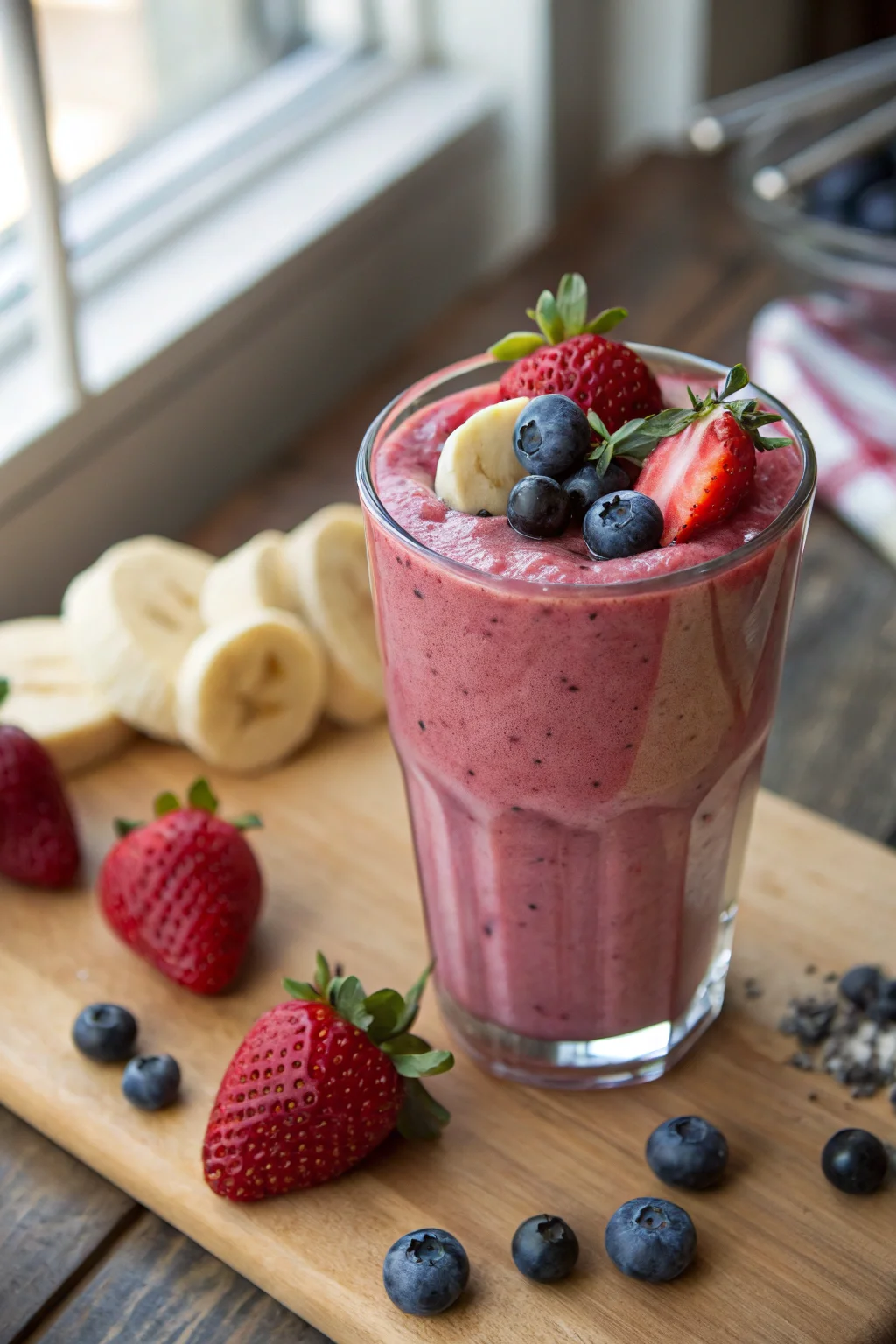 Strawberry blueberry banana smoothie in a glass with fruit garnish