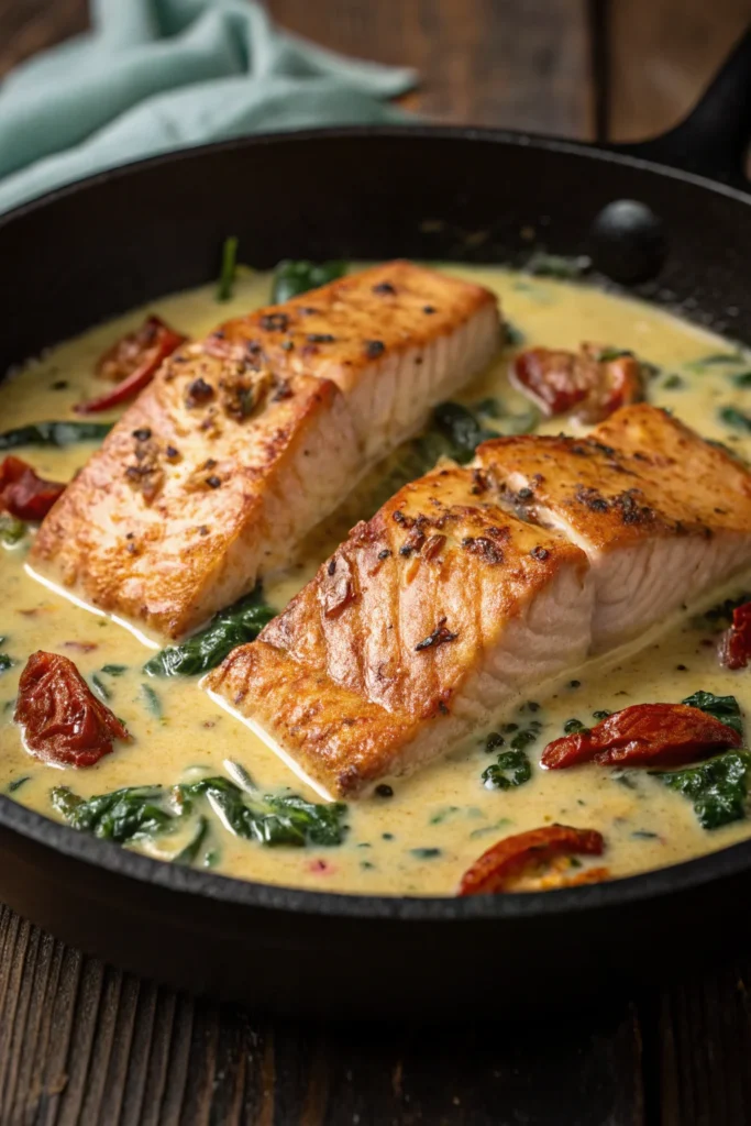 Tuscan creamy salmon with spinach and sun-dried tomatoes in a skillet.